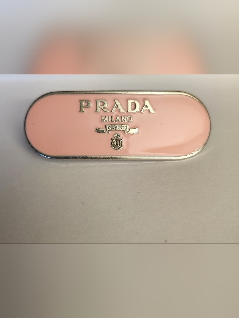 Prada Pink Enamel Milano Logo Badge with Silver Trim 3" NEW - Picture 3 of 4